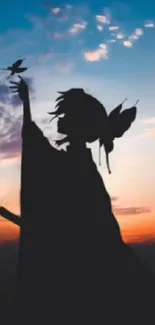 Anime silhouette against sunset sky wallpaper.