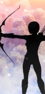 Silhouette archer amidst pastel clouds on phone wallpaper.