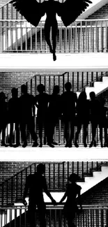 Silhouette artwork of angel and people on stairs in black and white.