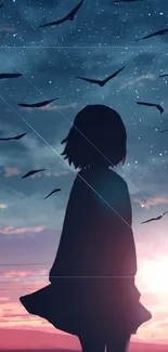 Anime silhouette with birds at sunset sky.