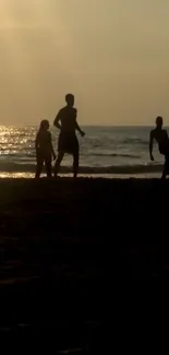 Silhouetted figures at sunset on a serene beach.