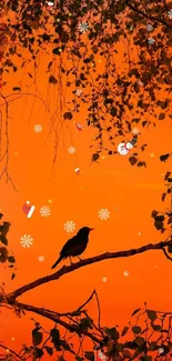 Orange sky with bird silhouette and festive decorations.