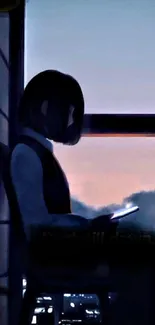 Silhouette of person by window in twilight.