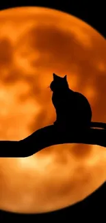 Silhouette of a cat on a branch against an orange full moon.