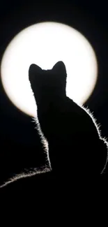 Silhouette of a cat against a full moon on a mobile wallpaper.