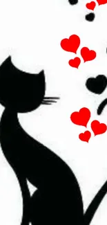 Black cat silhouette with floating red hearts on white background.