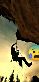 Silhouette of climber on a cliff with sunset sky and expressive emoji.