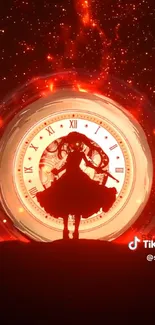 Anime character silhouette in front of a fiery red clock face.