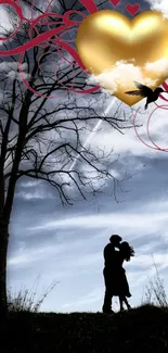 Silhouette of a couple under a dramatic, cloud-filled sky during twilight.