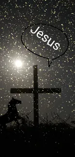 Silhouette of cross and horse with 'Jesus' text.