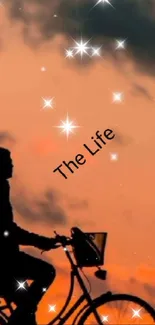 Cyclist silhouette over an orange sunset with twinkling stars and 'The Life' text.