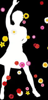 Silhouette dancer with colorful flowers on a black background wallpaper.