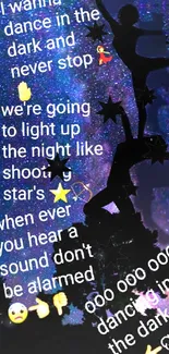 Silhouette dancers against a starry night galaxy with inspirational quotes.