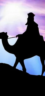 Rider silhouette on camel at sunset over a desert sky.