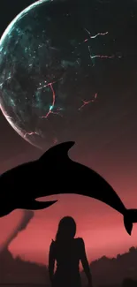 Silhouette of a dolphin against a cosmic red sky with planet.