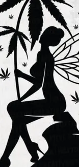 Whimsical silhouette fairy with leaves in black.