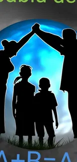 Silhouette of a family under a blue sky with mathematical equation design.