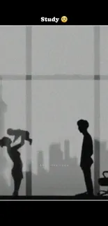 Silhouette of a family against a cityscape backdrop in grayscale.