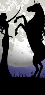 Silhouette of a woman and unicorn against a full moon in a fantasy scene.