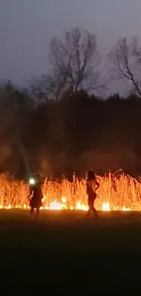 Two silhouettes near a burning field at night.