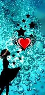 Silhouette with heart and stars on aqua blue background.