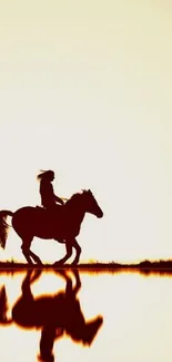 Silhouette of a horse and rider at sunset with a reflective golden sky.