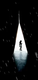Silhouette standing in a dark, mysterious portal with striking contrast.