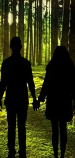 Silhouette couple in a sunlit green forest scene.