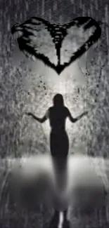 Silhouette under heart-shaped rain in a dark artistic wallpaper.