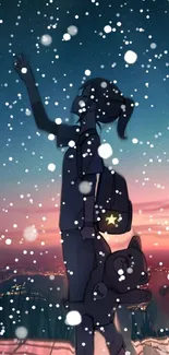 Silhouette of person with toy in snow during dawn.