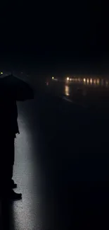 Silhouette holding an umbrella under dark, rainy night with street reflections.