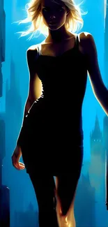 Silhouette of a figure against a blue city backdrop.