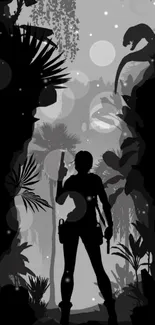 Silhouette of a jungle explorer in grayscale for mobile wallpaper.