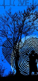 Silhouette of couple with heart and moon in blue night.