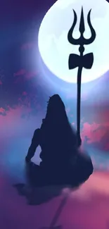 Silhouette meditation with trident under a mystical moonlit sky.