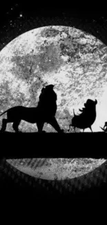 Silhouette of animals walking against a full moon backdrop in a fantasy scene.