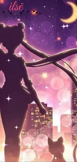 Anime silhouette under a starry, moonlit sky with city lights and a cat.