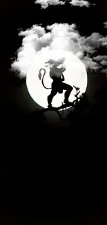 Silhouette of a figure on a branch with lunar backdrop and clouds.