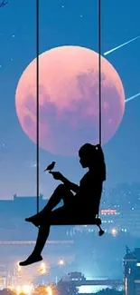 Silhouette on swing with full moon backdrop, urban night scene.