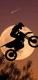 Motocross rider silhouette jumps against a full moon backdrop at dusk.