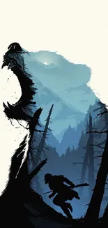 Mountain silhouette art with bear and trees.