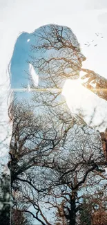 Double exposure of silhouette with nature in mobile wallpaper.