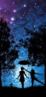 Silhouette of people under a starry sky with trees and umbrella.