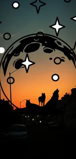 Mobile wallpaper of howling wolves silhouetted against a sunset sky with stars.