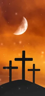 Three crosses silhouetted against an orange sunset sky with a crescent moon.