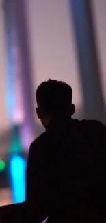 Silhouette of a man with colorful lights at dusk.