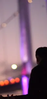 Silhouette of a person against a colorful bridge and evening sky.