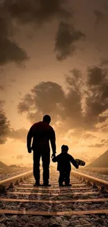 Father and child silhouette on railway at sunset with dramatic clouds.