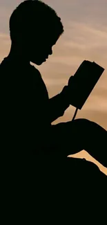 Silhouette of person reading against a vibrant sunset background.