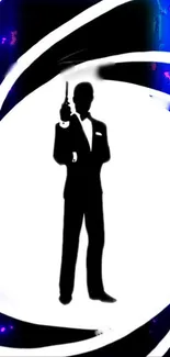 Silhouette of a secret agent holding a gun against a black and white background.